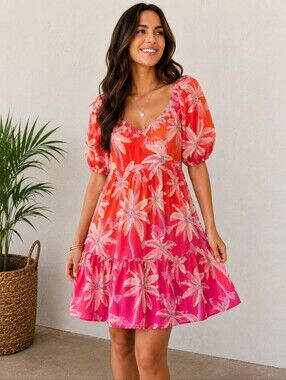 Flying Tomato M Tropical Palm Ombré Puff Sleeve Smocked Back Dress